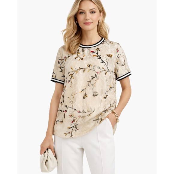 a new day Tops - Womens Floral Blouse Short Sleeve Beige Boho Casual Top Lightweight Chic M